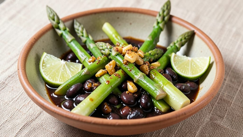 Asparagus With Black Bean Sauce Recipe: Smoky Umami Velocity With Crunchy Celery Topping
